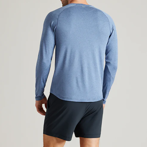 T-shirt à manches longues pour homme, gris, col rond, coupe classique, couleur unie, décontracté, tricoté en coton respirant - Product Image 3