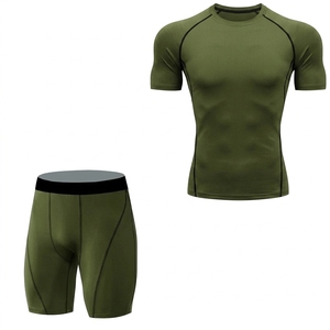 <b>Men's</b> Navy Blue <b>Compression</b> <b>Shirt</b> and Shorts Set Crew Neck Short Sleeve Moisture Wicking Fitted Polyester Athletic Wear - Product Image 1