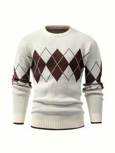 Men's Crew Neck <b>Argyle</b> Knitted <b>Sweater</b> Slim Fit Diamond Pattern Pullover Casual Warm Winter Jumper Fashion Men's Knitwear - Product Image 6