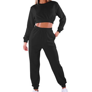 Conjunto Deportivo de Dos Piezas para Mujer, Sudadera Corta y Pantalones Jogger Negros, Ropa Deportiva Informal para Entrenamiento - Product Image 1