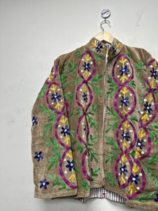 <b>Velvet</b> Floral Embroidered Bomber <b>Jacket</b> <b>Women</b> Autumn Winter Full Sleeve Hand Embroidery Pullover Artisan Crafted Multicolor - Product Image 3