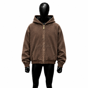 Sudadera con capucha marrón vintage lavada con cremallera, estilo oversize, chaqueta streetwear, sudadera con capucha pesada desgastada, unisex, moda casual - Product Image 1