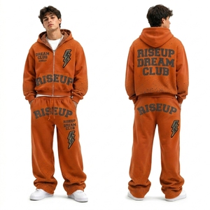 Ensemble de survêtement en coton imprimé pour homme, sweat à capuche zippé avec strass, pantalon de jogging streetwear à jambes larges - Product Image 1