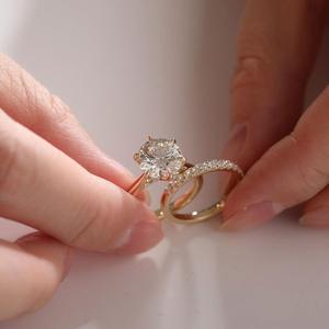 Custom 3 Carat Lab Created Diamond Real <b>Gold</b> <b>Ring</b> Boutique Style Round Solitaire Handcrafted U Shape Pavé Statement Wedding <b>Set</b> - Product Image 2