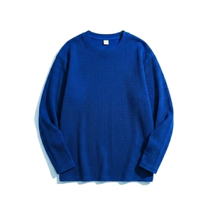 T-shirt tricoté côtelé à col rond et manches longues pour homme, grande taille, couleur unie, en coton élasthanne respirant, haut décontracté - Product Image 2