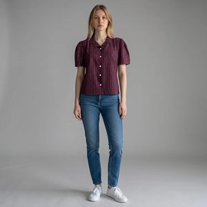Vintage Rayon Crop Shirt Women Casual Oversized Breathable Pinstripe <b>Maroon</b> - Product Image 2