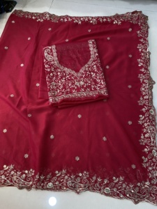 AARA Fashion <b>Red</b> Embroidered Silk Saree <b>Blouse</b> for Women Wedding Traditional Indian/Pakistani Wear Floor Length Regular Fit Sun - Product Image 4