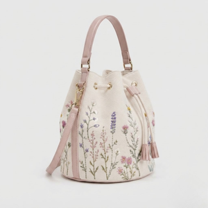 Floral Embroidered Cotton Canvas Bucket <b>Bag</b> Eco Friendly <b>Cream</b> Shopping <b>Bag</b> Pink Leatherette Trim Crossbody Handbag - Product Image 3