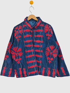 Veste à col mandarin brodée à la main avec motif floral, manches longues, coupe ample, vêtements de printemps pour adultes, coton, taille plus pour femmes - Product Image 1