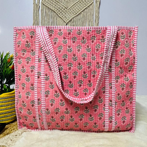 Sac fourre-tout matelassé en coton fait main, écologique, imprimé floral indien, à fermeture ouverte, réutilisable, élégant, pour le shopping ou les soirées - Product Image 3