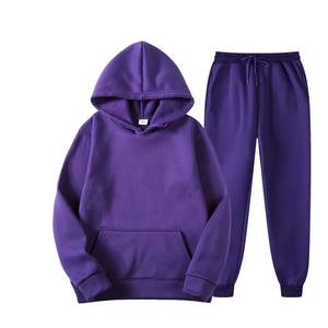Unisex <b>Purple</b> Hooded Tracksuit Set Solid Color Cotton Sweatshirt Jogger Pants Drawstring Casual Winter Streetwear Reversible - Product Image 1