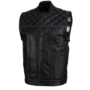 Gilet moto en cuir véritable pour homme, col montant, empiècements matelassés, poches, couleur unie, veste en cuir à prix avantageux - Product Image 4