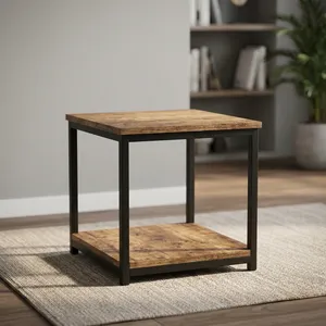 Mesa de Centro de Madera con Estructura de Hierro Negro y Estante Inferior de Almacenamiento, Mueble Rústico Industrial para Sala de Estar - Product Image 5