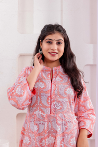 Hand Block Printed 100% Natural Cotton Women's Floor-Length Floral Summer Dress Long Sleeve <b>Three</b> Quarter Sleeve Casual Daily - Product Image 3