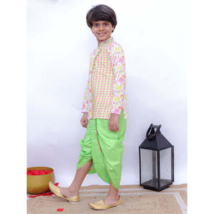 Ensemble Kurta et Dhoti pour garçons indiens, style Pak & Party Wear, blanc et vert lime, imprimé plage, manches longues en coton doux - Product Image 6
