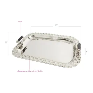 Rectangular Aluminum <b>Serving</b> <b>Tray</b> with Nickel Finish and Resin Handles 32x22 Inches Decorative Traditional Design - Product Image 1
