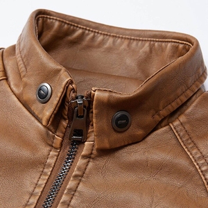 Men's Brown PU <b>Leather</b> <b>Jacket</b> Stand Collar Zipper Closure Lining Windproof Slim Fit OEM Service <b>Leather</b> <b>Jacket</b> For Sale - Product Image 3