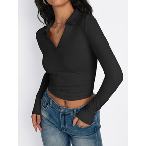 <b>Women's</b> <b>Long</b> <b>Sleeve</b> <b>Polo</b> <b>Shirt</b> Solid Color V Neck Collared Tops Regular Fit - Product Image 5