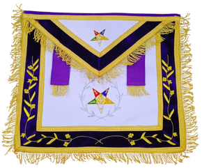 Tablier maçonnique OES Ventoria Enterprises, broderie à la main en fils dorés, velours violet, franges dorées, équerre et compas G - Product Image 1