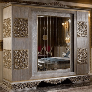 High End Luxury European <b>Wardrobe</b> Mahogany Wood Silver Gold Relief Panel <b>Mirror</b> <b>Door</b> Artistic Armoire Apartment Palace Villa - Product Image 2