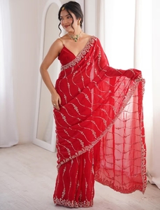 KV Satin <b>Red</b> Embellished Designer <b>Saree</b> With Unstitched Blouse - Product Image 2