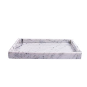 Bandeja rectangular de mármol natural blanco de diseño clásico con asas recortadas para cocina, mesa de café, decoración del hogar. - Product Image 4
