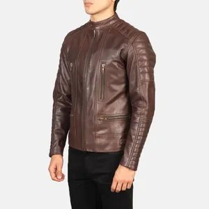 Veste de motard en cuir imperméable Damian Brown pour homme, col montant ouvert, hiver - Product Image 3