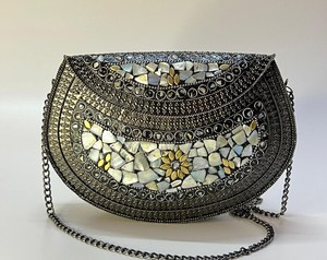 Gold & Blue Embellished Mosaic Clutch Sling Bag for Women Ethnic Party Wear <b>Purse</b> with Chain - Product Image 3