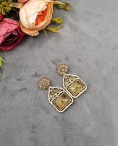 Boucles d'oreilles pendantes en pierre précieuse taillée radiant, plaqué or antique, pour réceptions et fêtes, bijoux pour femmes, fabricant - Product Image 3