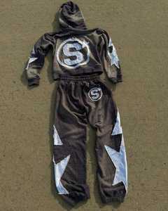 Conjuntos de Sudadera con Cremallera y Pantalones con Pedrería para Hombre y Mujer, Traje Deportivo de Dos Piezas con Efecto Desgastado y Bordado para Invierno - Product Image 3