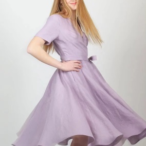 New Arrival Linen Wedding Guest <b>Dress</b> Lilac Graduation Fit And Flare Cocktail Midi Linen Wrap <b>Dress</b> For Women - Product Image 1