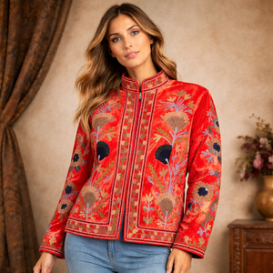Chaqueta de Terciopelo Rojo para Mujer, Bordado Suzani Multicolor, Reversible, Acolchada, Estilo Universitario, Abrigo de Otoño, Textil Rajastaní K01, Algodón - Product Image 1