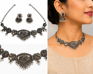 Conjunto de Collar Gargantilla Tradicional Bohemia de Plata Oxidada para Mujer con Pendientes Jhumka de Cristal y Diamantes de Imitación en Forma de Corazón para Aniversario - Product Image 1