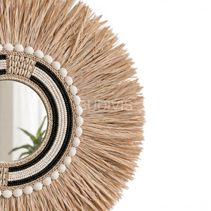 Layered Raffia Grass & Beaded Frame Wall <b>Mirror</b>, Ethnic Bohemian Decor <b>Mirror</b> Wall <b>Hanging</b> Decoration Ornament - Product Image 3