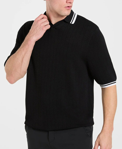 Chemise Homme Noire Tricotée 100% Coton de Haute Qualité à Manches Courtes Couleur Unie Respirante Anti-Plis Décontractée avec Bordure Blanche - Product Image 1