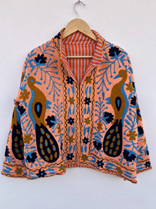 Veste courte coupe-vent en coton matelassé Suzani TNT |   Vêtements d'extérieur brodés style festival pour l'hiver/le printemps/l'automne |   Réversible - Product Image 6