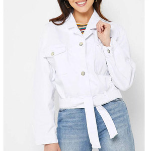 Veste en coton blanche pour femme, col mandarin, manches longues, col rabattu, style portefeuille ceinturé, décontractée printemps, en denim tissé court - Product Image 1