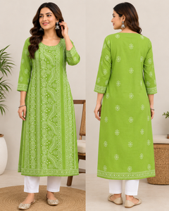 Kurti indien exclusif en georgette Chikankari – Robe longue ethnique de créateur, vert lime, brodée de motifs floraux et paisley - Product Image 3