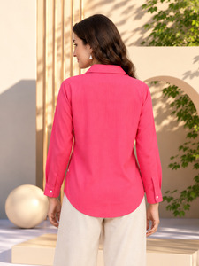 Camisa de Mujer Rosa, Lisa, con Botones, Manga Larga, Corte Holgado, Blusa Casual - Product Image 2