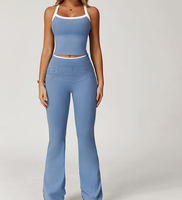 Ensemble de yoga rose deux pièces : haut court dos nu et pantalon évasé taille haute, couleur unie, respirant, écologique, séchage rapide, Spandex/Nylon