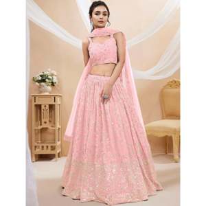 Conjunto de Lehenga Choli para Dama de Honor Talla Grande en Georgette con Lentejuelas Rosa Deslumbrante - Product Image 1