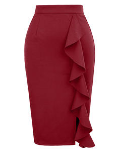 Falda lápiz ajustada transpirable de color liso para mujer, elegante falda formal midi con volantes hasta la rodilla para oficina, OEM personalizado - Product Image 6