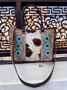 Western Pattern Cowhide Tote Bag Stylish <b>Leather</b> <b>Purse</b> Hair on Hide Carving Hand Tooled Bags for Women's Multi Use - Product Image 1