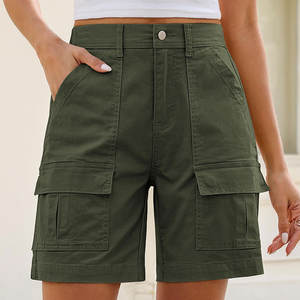 Shorts Casuales de Verano para Mujer, Cintura Alta Elástica, Cierre de Cremallera, Bolsillos, Transpirables, de Secado Rápido, 100% Algodón, Estilo Cargo - Product Image 4