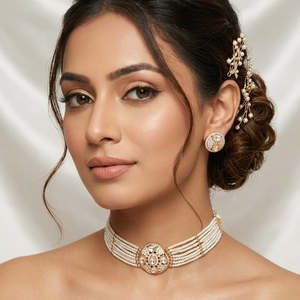 Jewelemarket Designer Fine Jewelry Set Polki Kundan Stone Pearl and Beads Choker Necklace-10575615DGR - Product Image 1