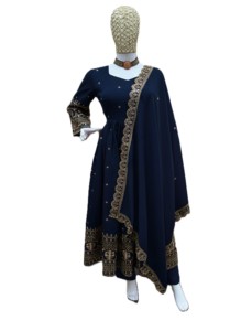 Vestido Tradicional Indio de Boda Salwar Kameez Anarkali, Largo hasta el Suelo, Azul, con Bordado, de Seda, Corte Holgado para Mujer - Product Image 5