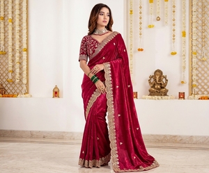 Sari en velours bordeaux AARA Fashion avec broderie dorée, protection solaire, toutes saisons, pour mariage, femmes, traditionnel indien, longueur au sol - Product Image 4