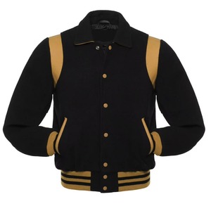 Men's Black Gold Varsity Jacket Preppy Style Turn-down Collar Wool Polyester Regular Fit Autumn Outerwear - Product Image 1