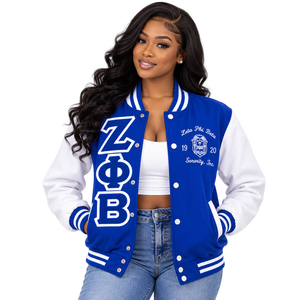 Zeta Phi Beta Varsity <b>Jacket</b> <b>Women</b> Royal Blue <b>White</b> Sleeve Chenille Greek Letters Embroidered Crest 1920 Snap Letterman Sorority - Product Image 1