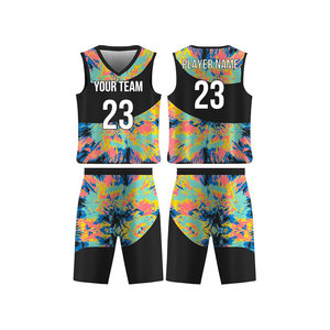 Ensemble de maillots de basket-ball personnalisés Tie Dye, col en V, sans manches, impression sublimée, respirant, unisexe, vêtements d'équipe pour adultes - Product Image 1